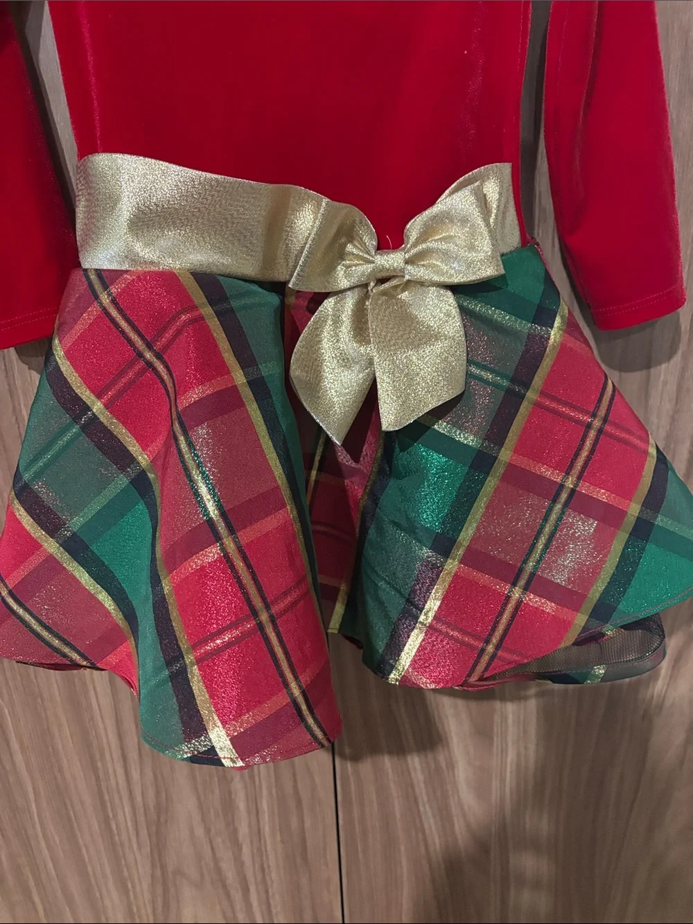 Bonnie Jean Red Velvet & Plaid Holiday Dress with Gold Bow